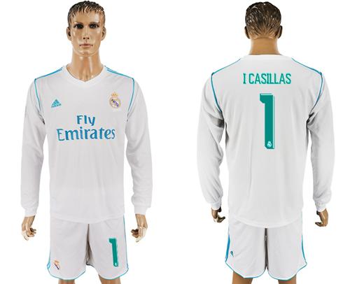 Real Madrid #1 I Casillas White Home Long Sleeve Soccer Club Jersey - Click Image to Close